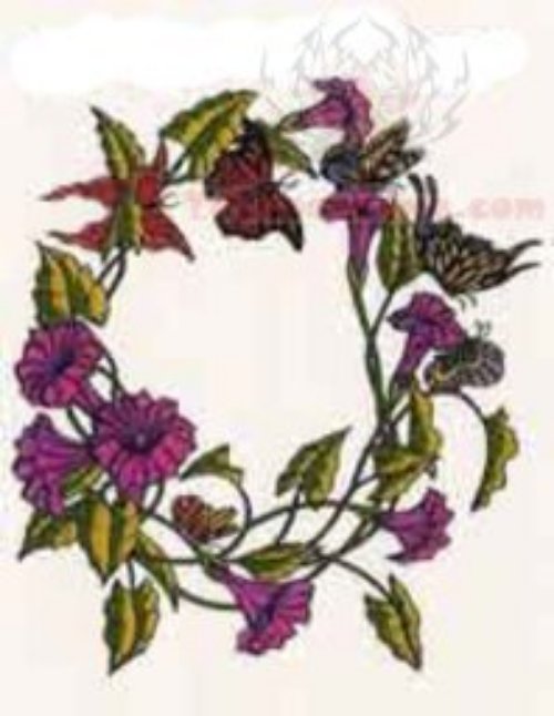 Butterflies And Purple Flowers Ring Tattoo Design